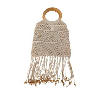 Vintage 70s Beaded Macrame Handbag Small Fringe Boho Hippie Festival Purse 10x10